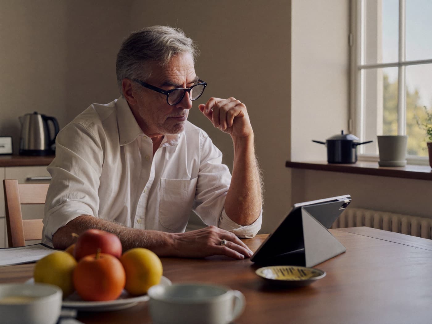 A man in his fifties reading at his kitchen table in morning light