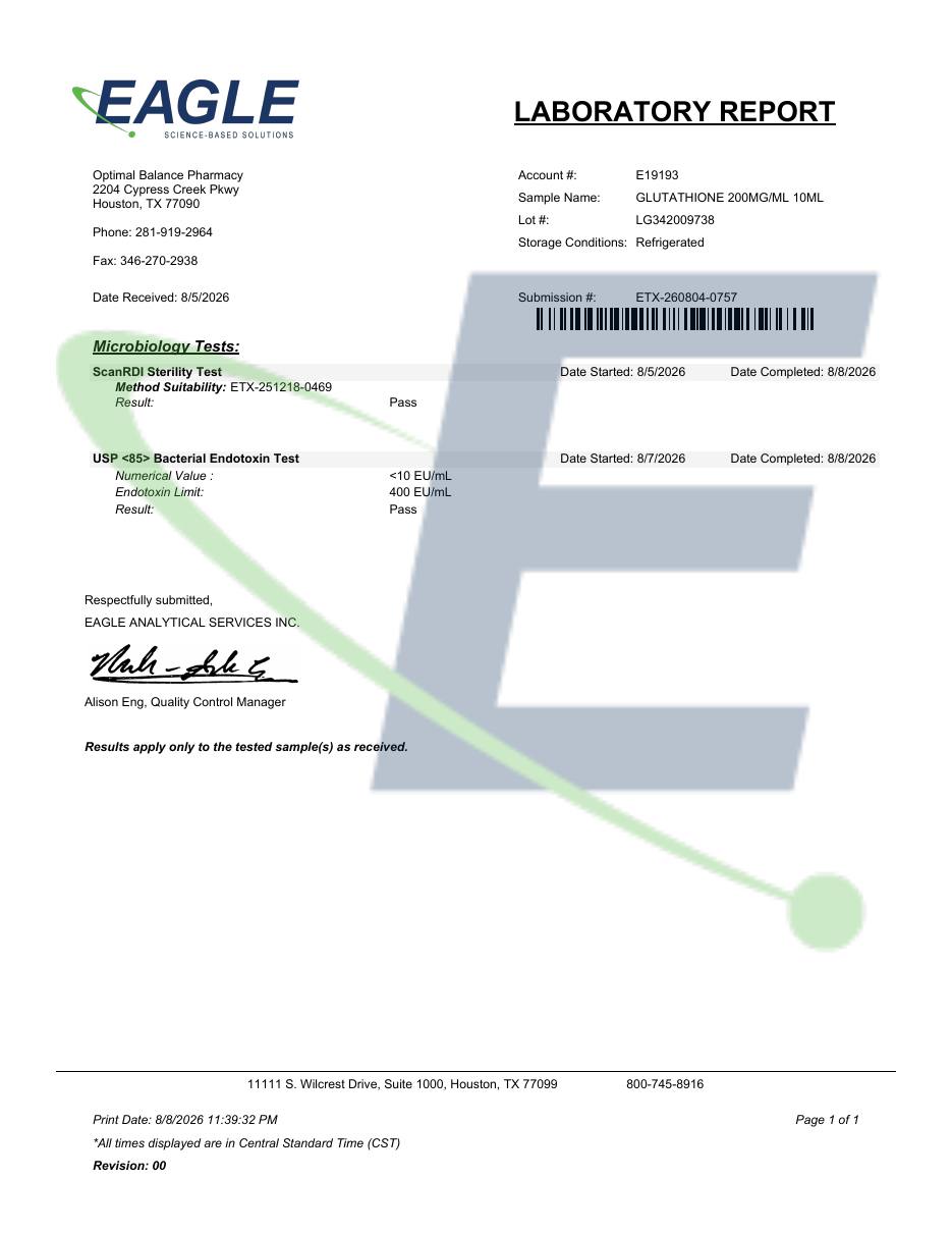 Scan of Eagle Analytical report ETX-260804-0757 for lot LG342009738. Opens the original PDF.