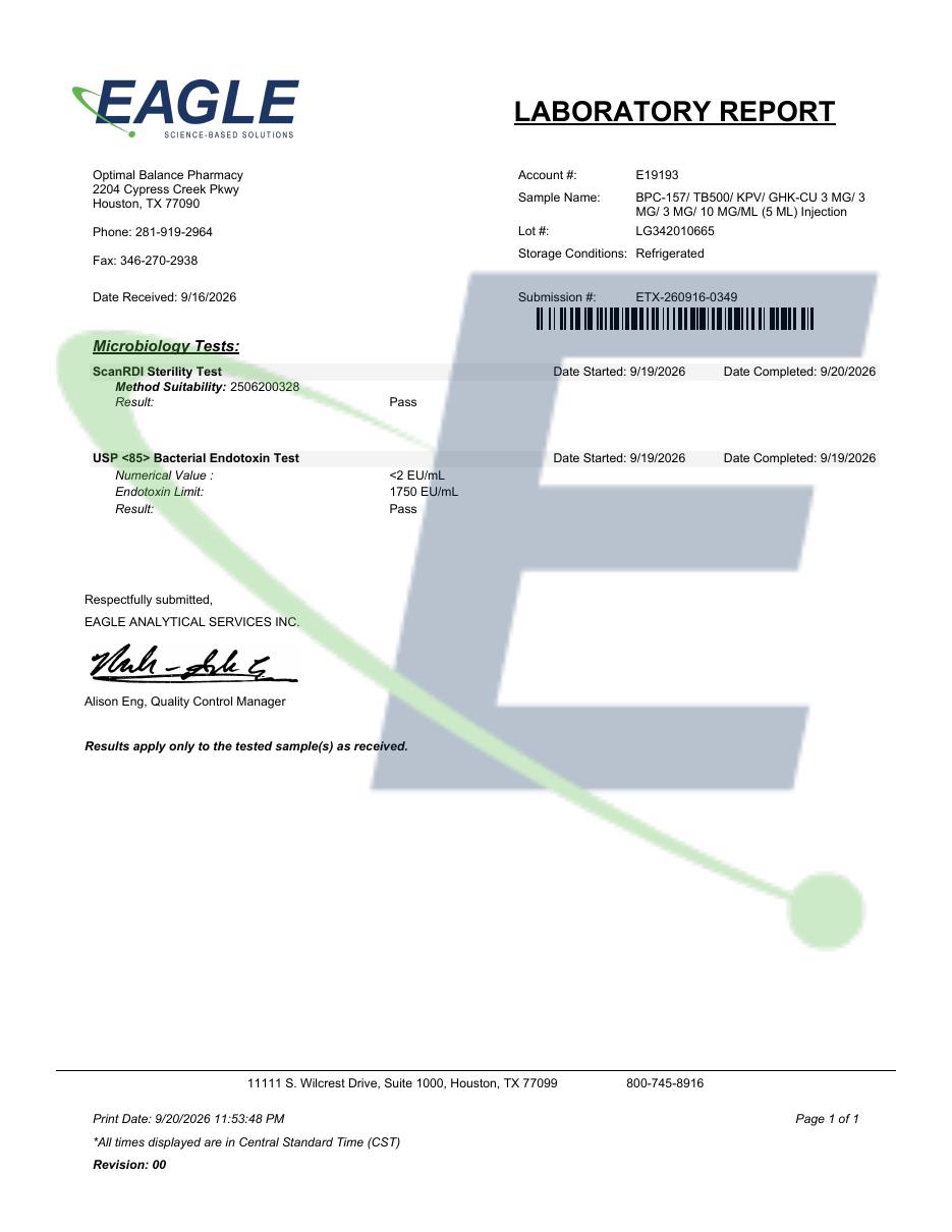 Scan of Eagle Analytical report ETX-260916-0349 for lot LG342010665. Opens the original PDF.