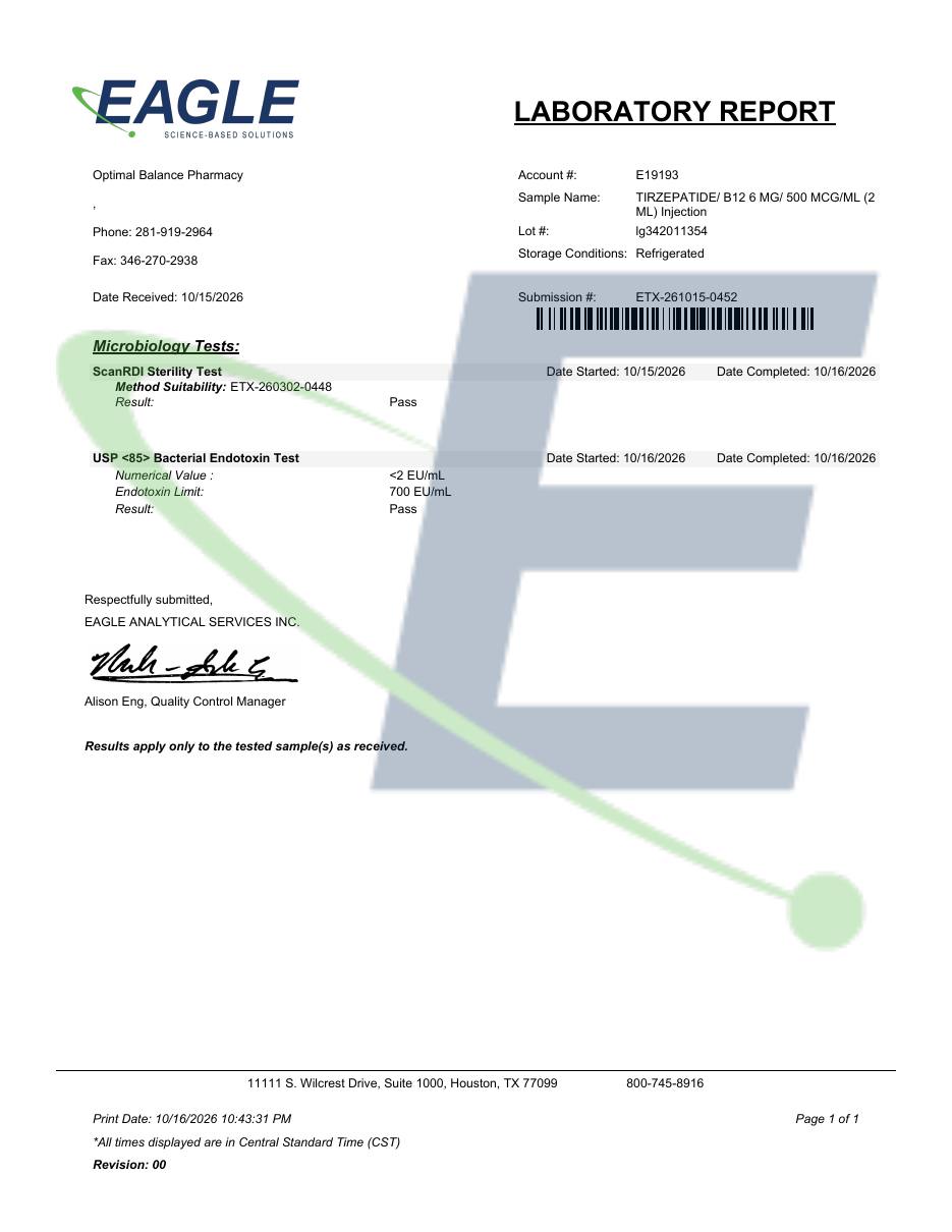 Scan of Eagle Analytical report ETX-261015-0452 for lot lg342011354. Opens the original PDF.